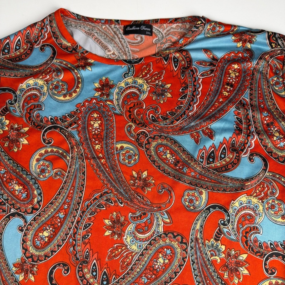 Women's 3XL Red Loose Fit Paisley Tunic Shirt Top  3/4 Sleeve High Low Hem Flowy
